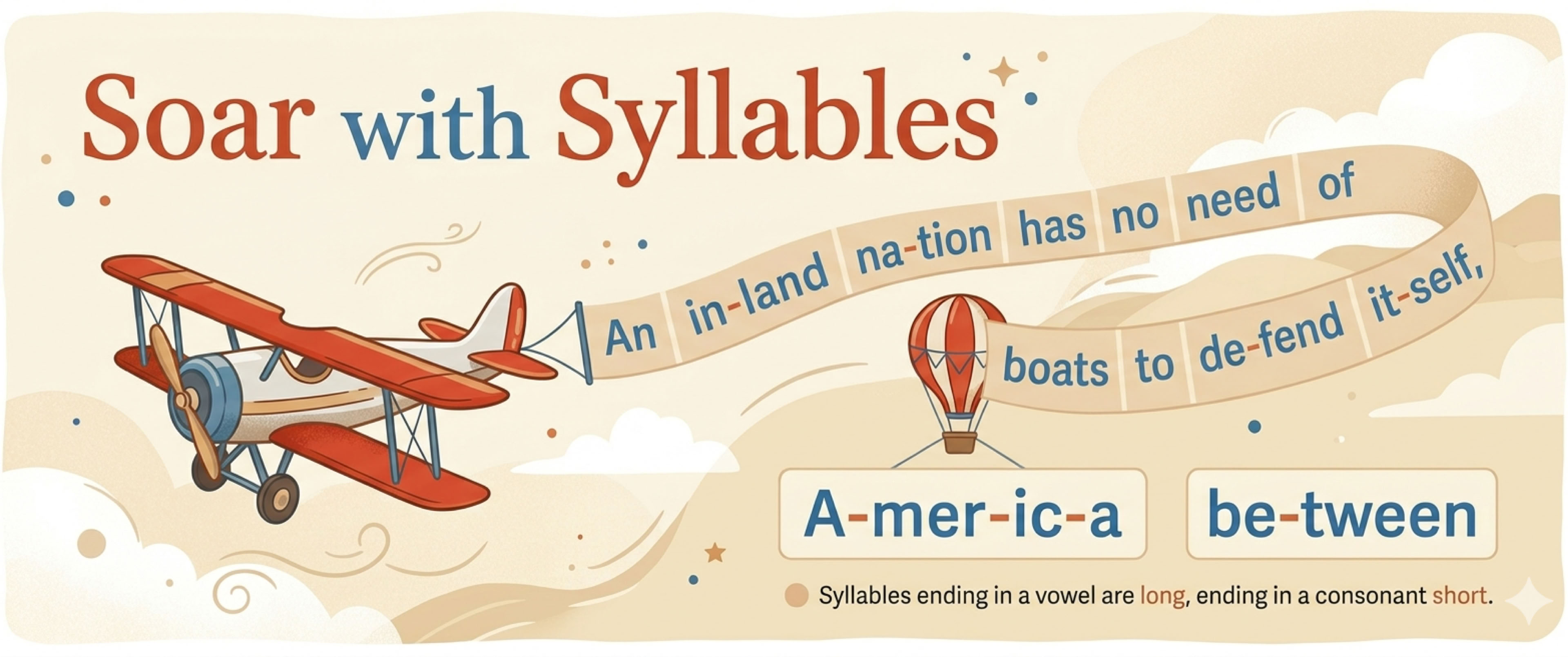 Banner says "Soar with Syllables," has examples of syllable divided words to aid reading such as be-tween, na-tion