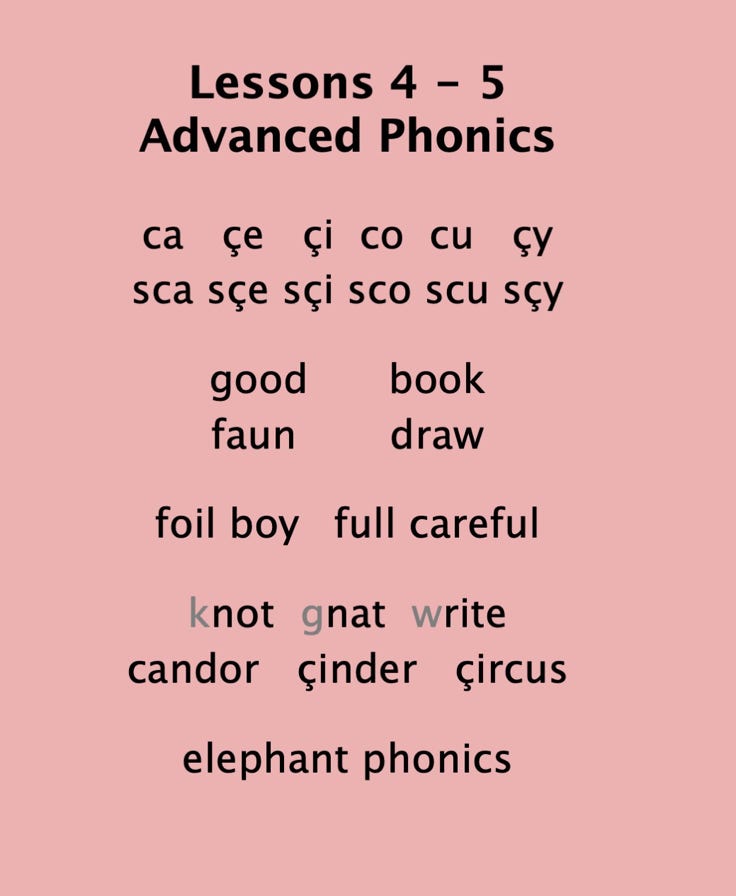 Sample words from syllables lessons 4 to 5