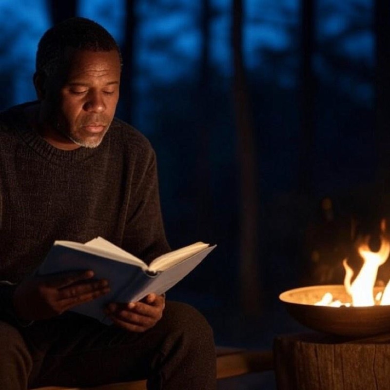 Reading in a forest next to a bowl of fire.